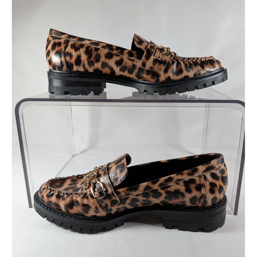 Guess Leopard Print Lug Sole Loafers Gold Chain Charms Womens 6.5M